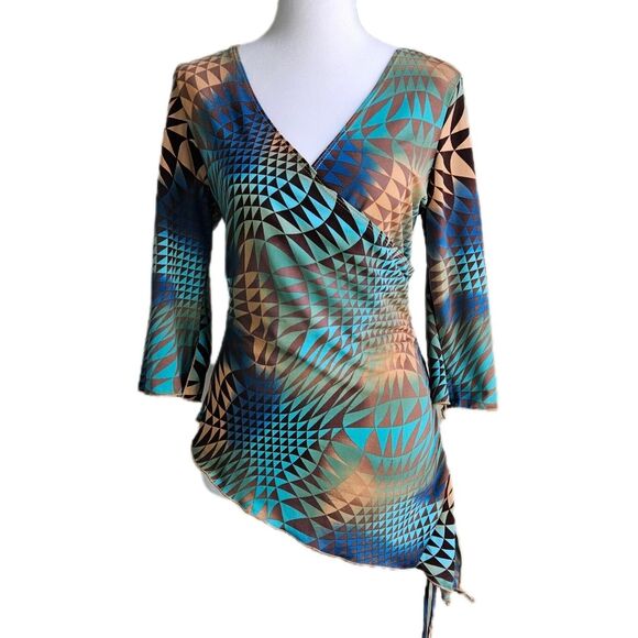 Vintage Venus USA Y2K Wrap Top Womens Large Asymmetrical Flare Sleeves Geometric - Picture 1 of 9